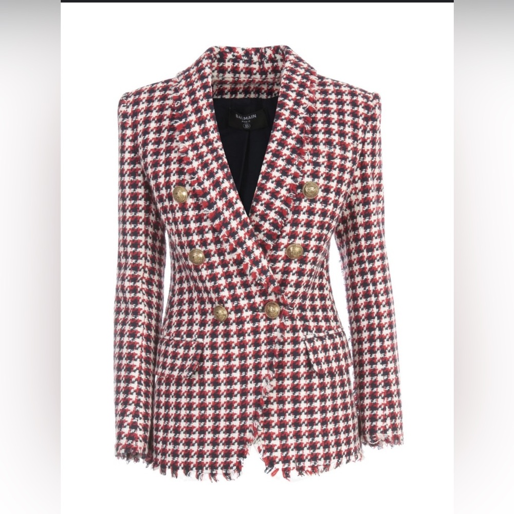 Balmain houndstooth red navy blazer jacket double breasted gold button sz 36